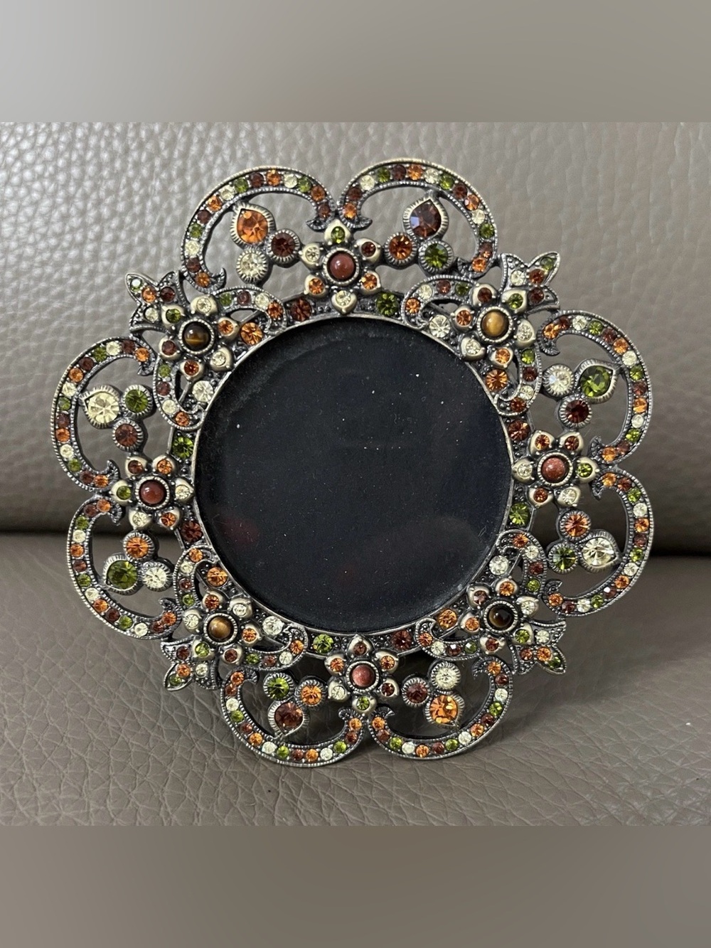 Vintage Ornate Jeweled Circular Photo Frame - Multicolor Rhinestones